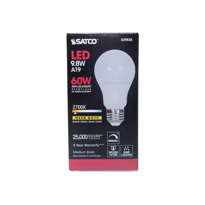 Satco Single 9.8 Watt Dimmable A19 Medium LED Bulb - 800 Lumens and 2700K (24 per case)