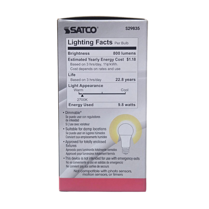 Satco Single 9.8 Watt Dimmable A19 Medium LED Bulb - 800 Lumens and 2700K (24 per case)