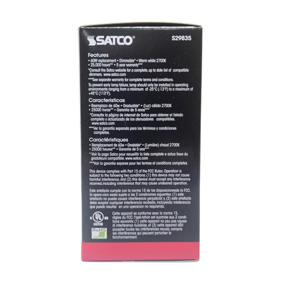 Satco Single 9.8 Watt Dimmable A19 Medium LED Bulb - 800 Lumens and 2700K (24 per case)