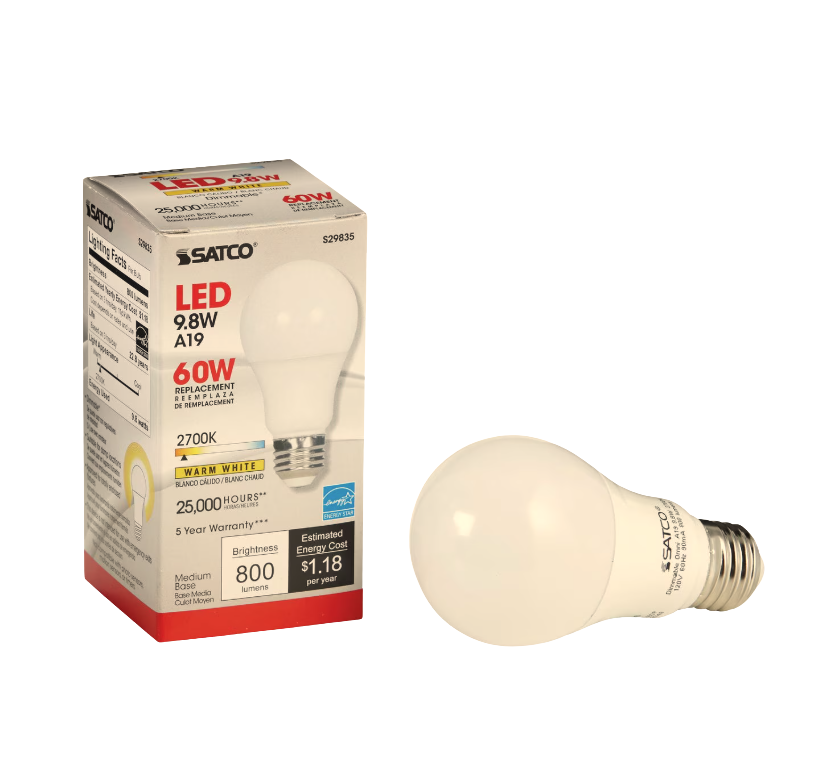 Satco Single 9.8 Watt Dimmable A19 Medium LED Bulb - 800 Lumens and 2700K (24 per case)