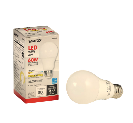 Satco Single 9.8 Watt Dimmable A19 Medium LED Bulb - 800 Lumens and 2700K (24 per case)